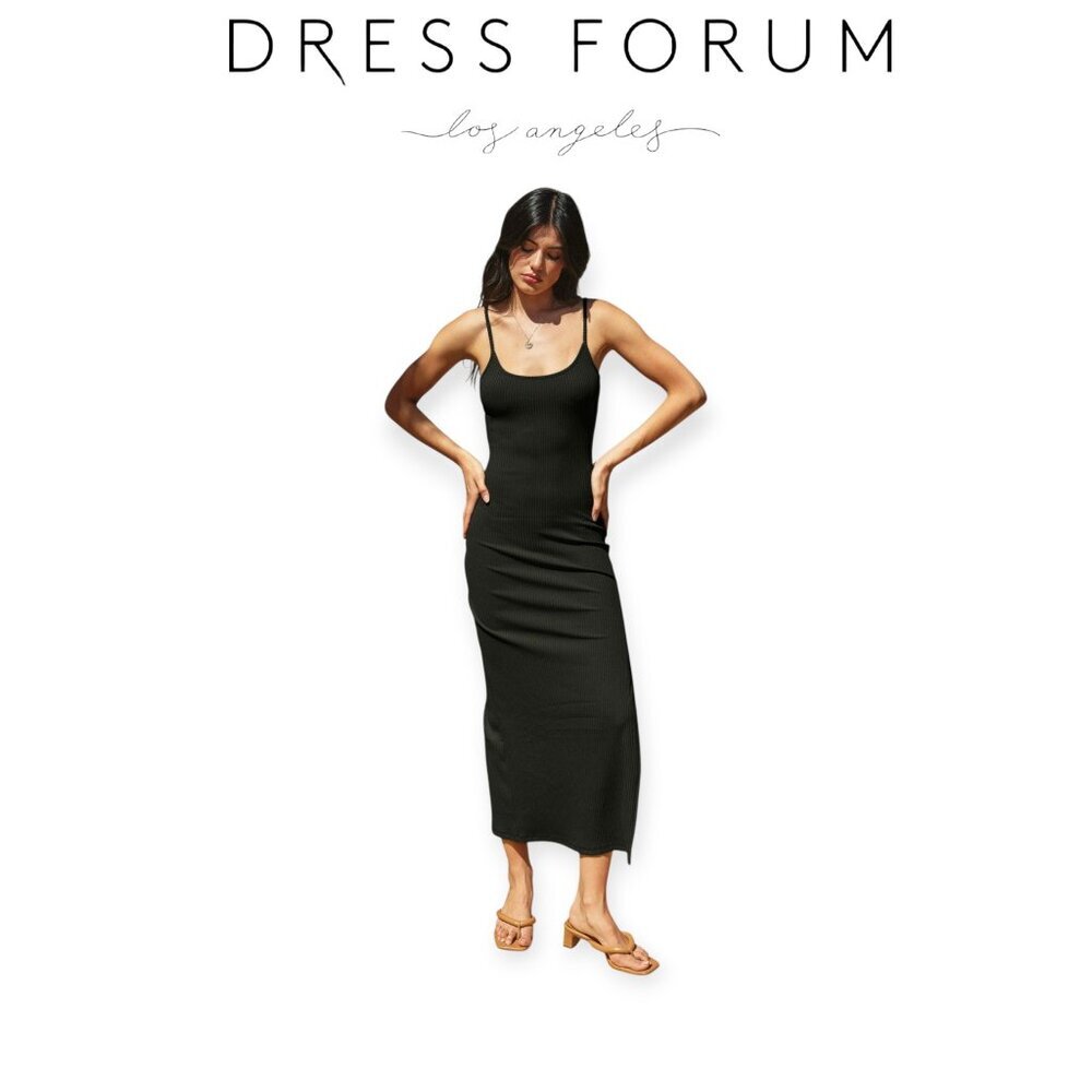 Dress Forum Sleek Street Style Spaghetti Strap Ribbed Black Midi Dress M NWT